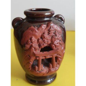 Vintage Banko Japan Red Ware Clay Bud Vase 3D Diorama Pagoda  Pottery 4" Tall